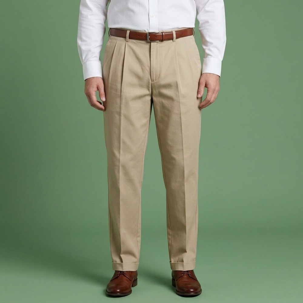 IZOD Mens Chino Dress Pants 40X32 Beige Pleated Front Cotton EUC